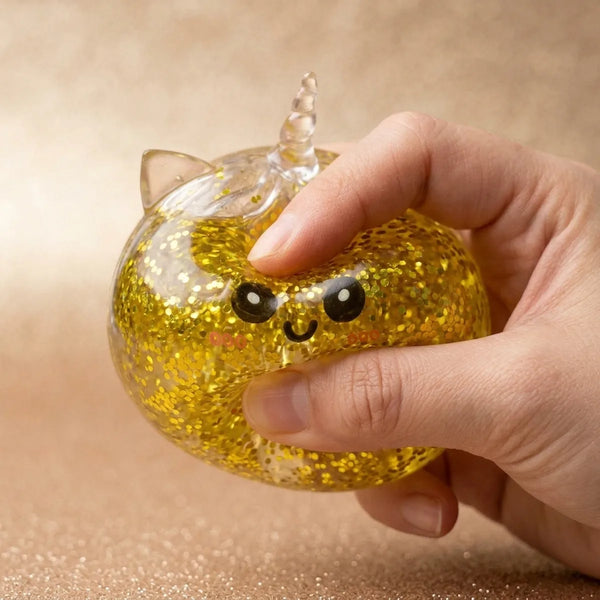 Close up squeeze of the gold unicorn glitter dumpling squishy showing the glitter gel texture