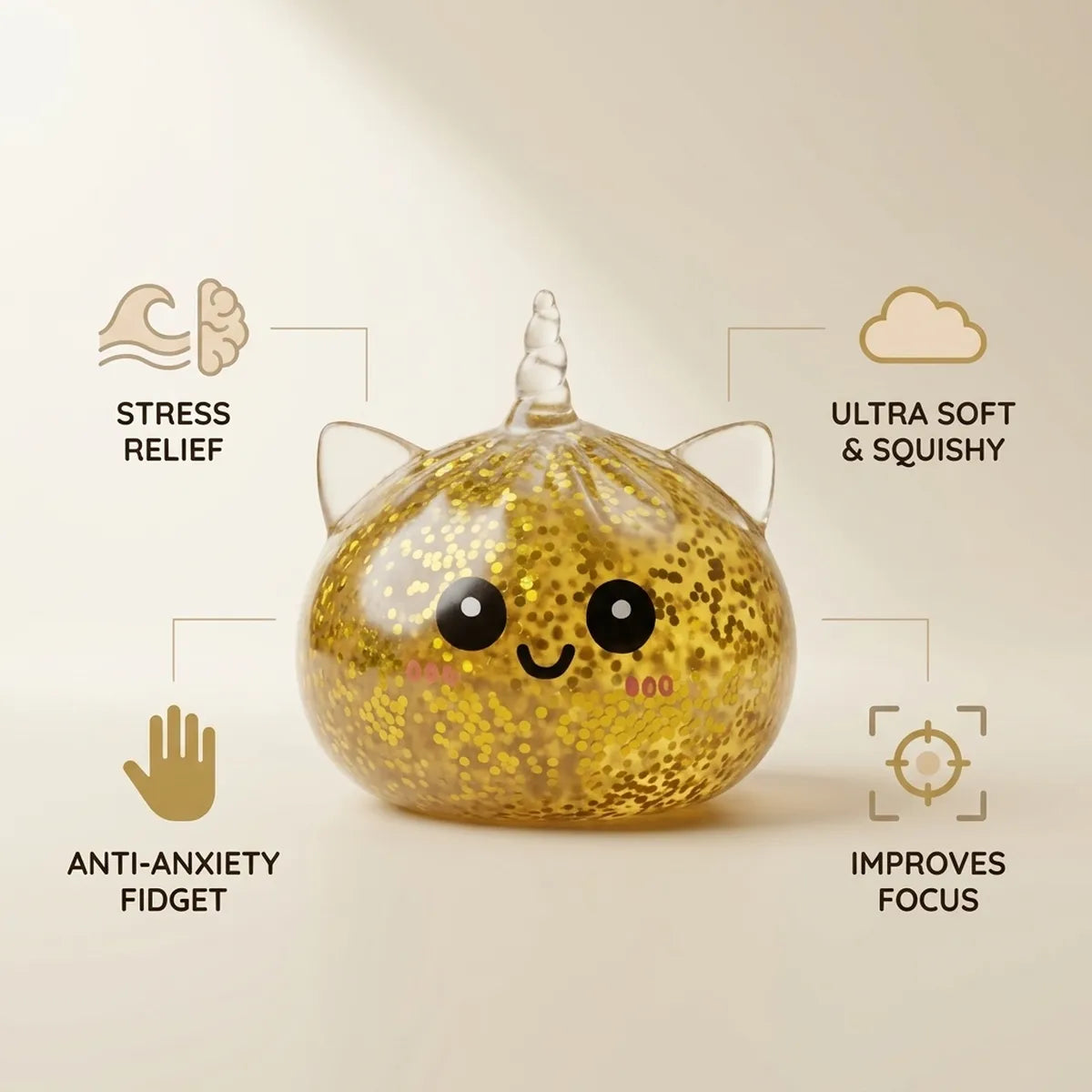 Infographic listing the stress relief benefits of the gold unicorn glitter dumpling squishy