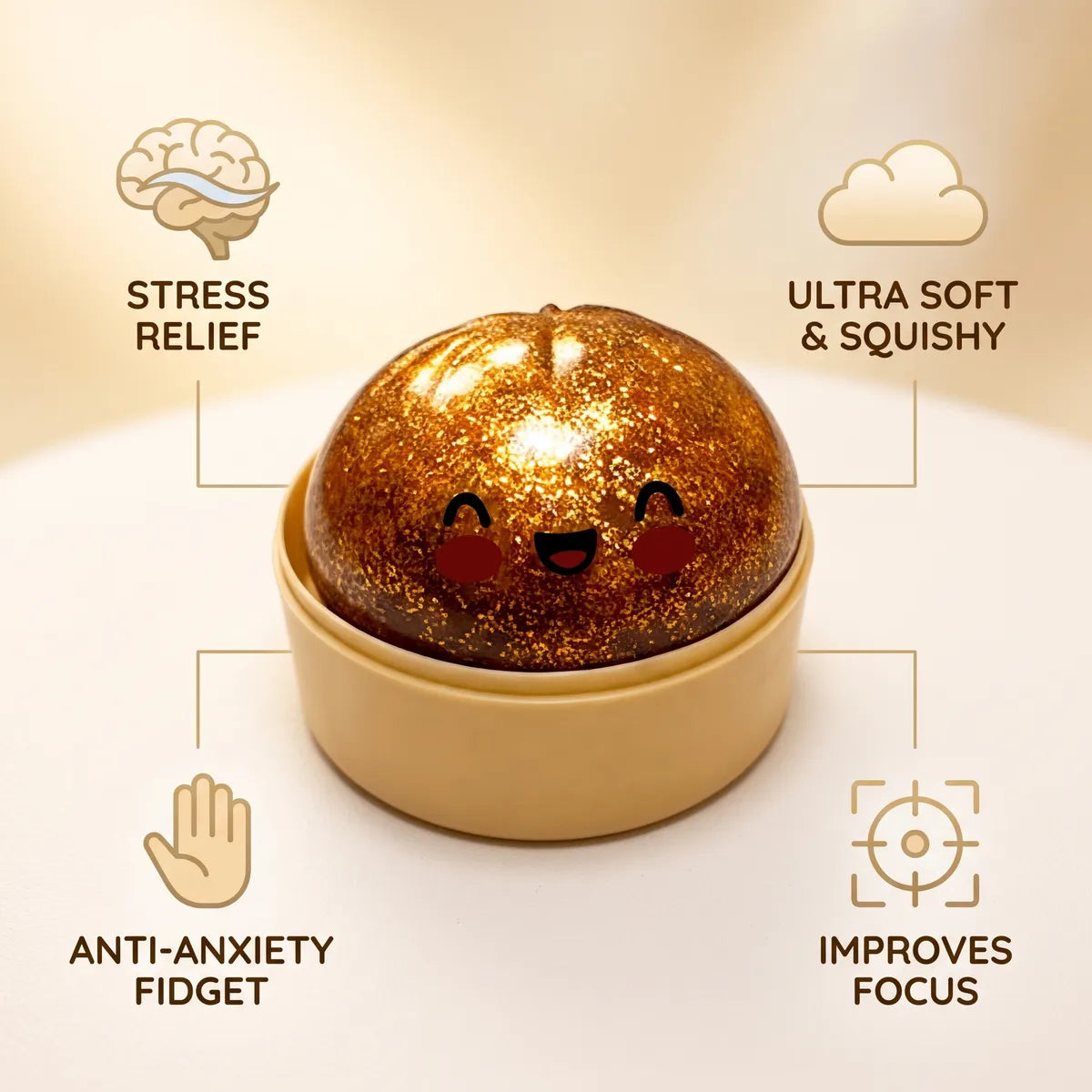 Gold unique glitter dumpling squishy features and benefits overview