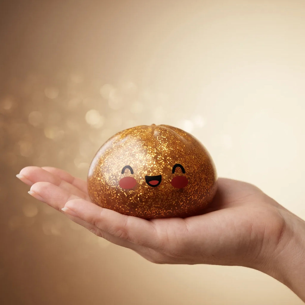 Hand holding a gold unique glitter dumpling squishy
