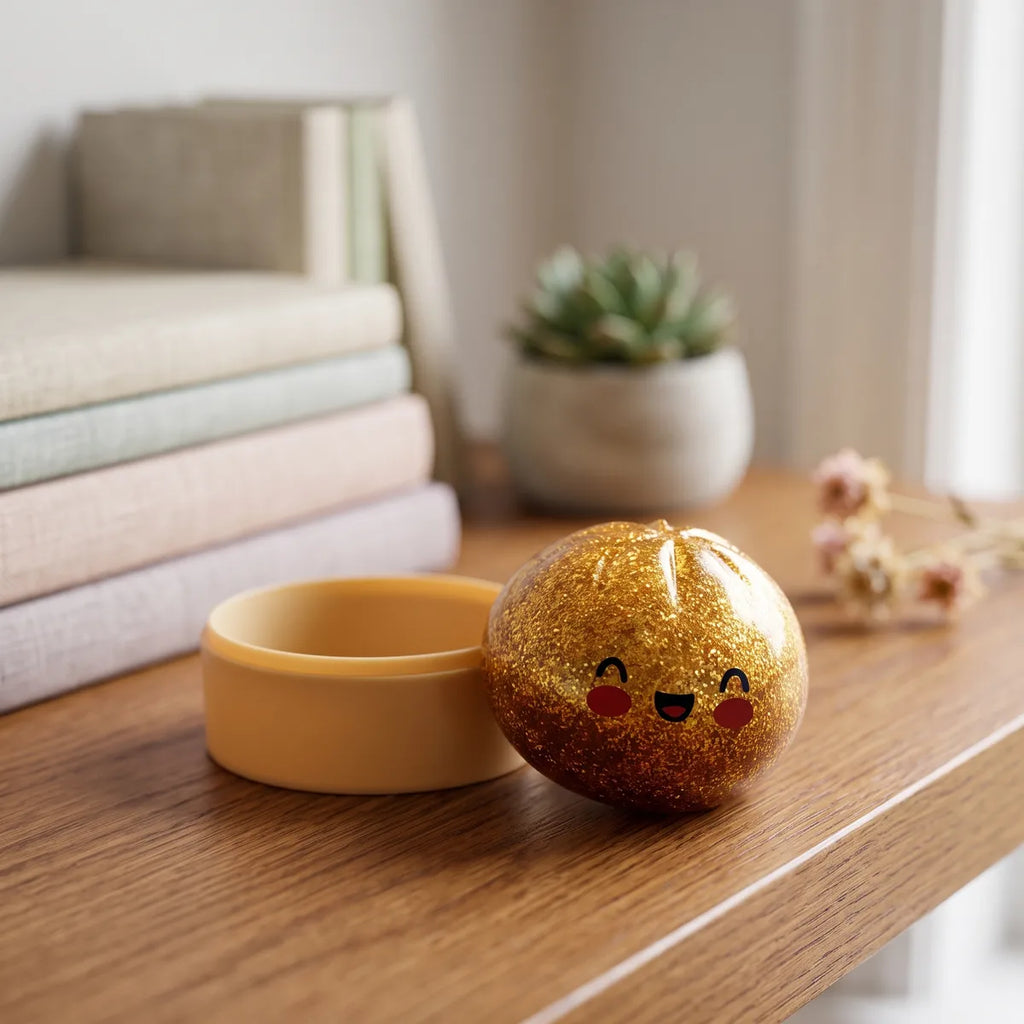 Gold unique glitter dumpling squishy styled in a cozy lifestyle setting