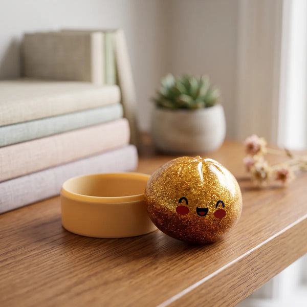 Gold unique glitter dumpling squishy styled in a cozy lifestyle setting