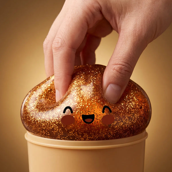 Hand squeezing a gold unique glitter dumpling squishy