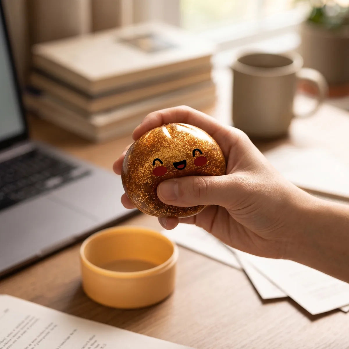 Person using a gold unique glitter dumpling squishy for stress relief