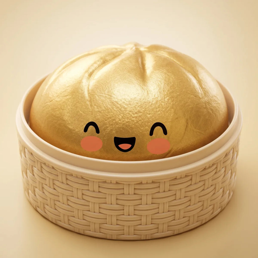 Golden dumpling squishy bun inside a bamboo steamer box