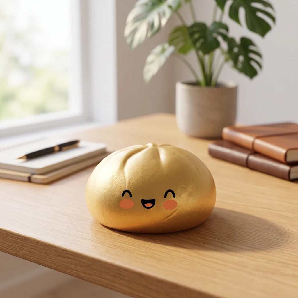 Golden dumpling squishy bun styled in a cozy lifestyle setting