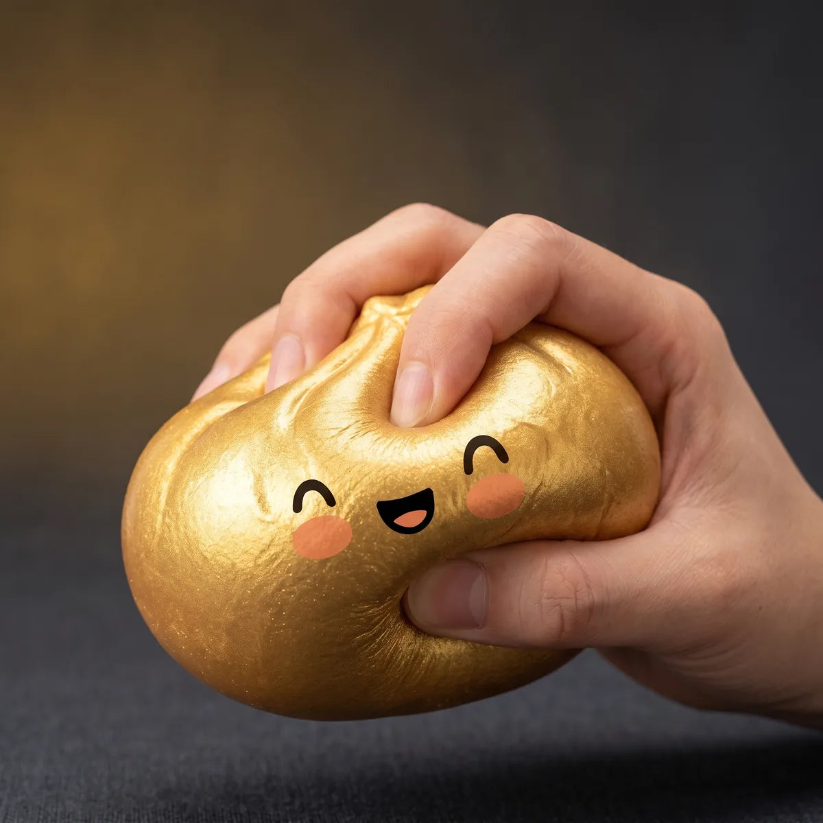 Hand squeezing a golden dumpling squishy bun