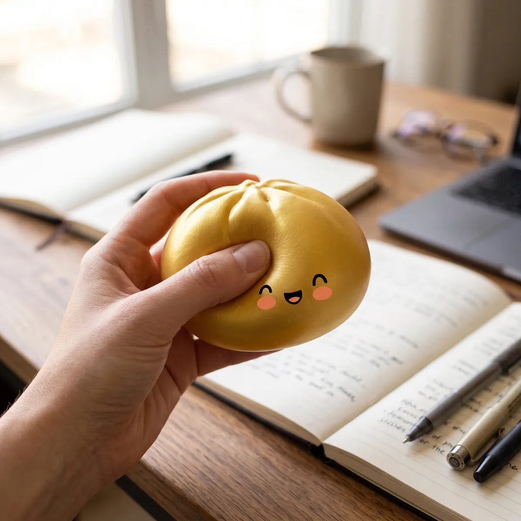 Person using a golden dumpling squishy bun for stress relief
