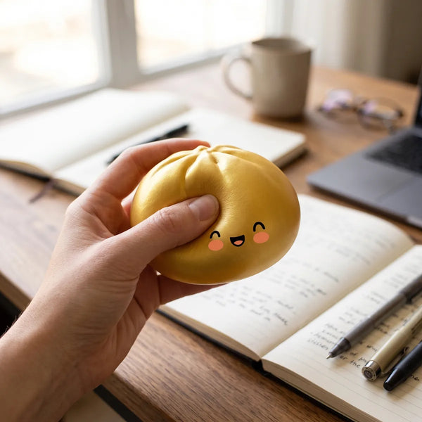 Person using a golden dumpling squishy bun for stress relief