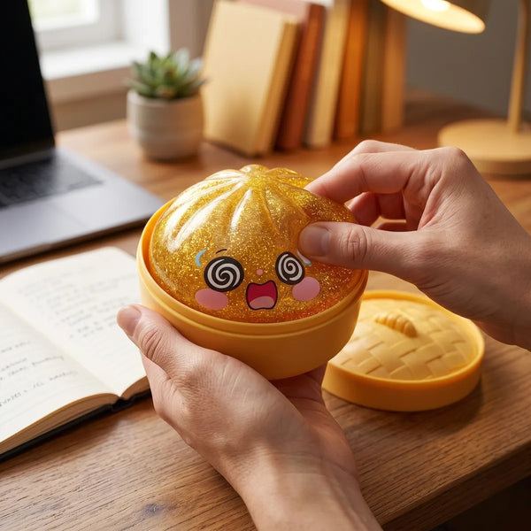 Golden dumpling squishy styled as cute desk decor