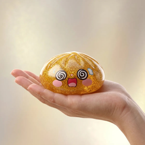 Golden dumpling squishy held in hand lifestyle shot
