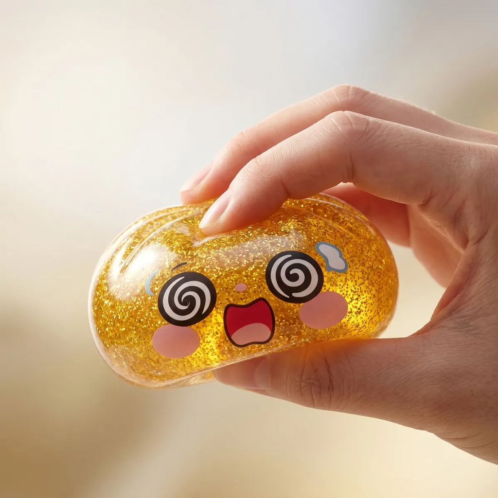 Hands playing with the golden dumpling squishy stress toy