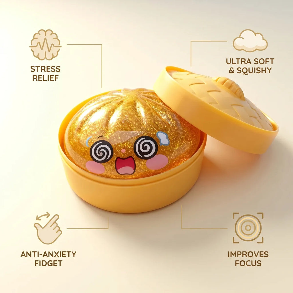 Golden dumpling squishy size guide infographic with dimensions