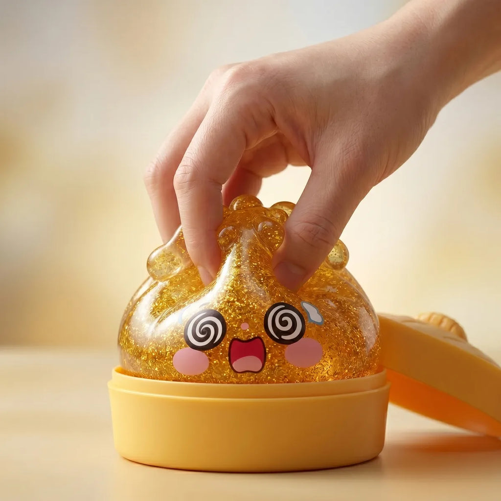 Golden dumpling squishy being squeezed showing slow rising foam