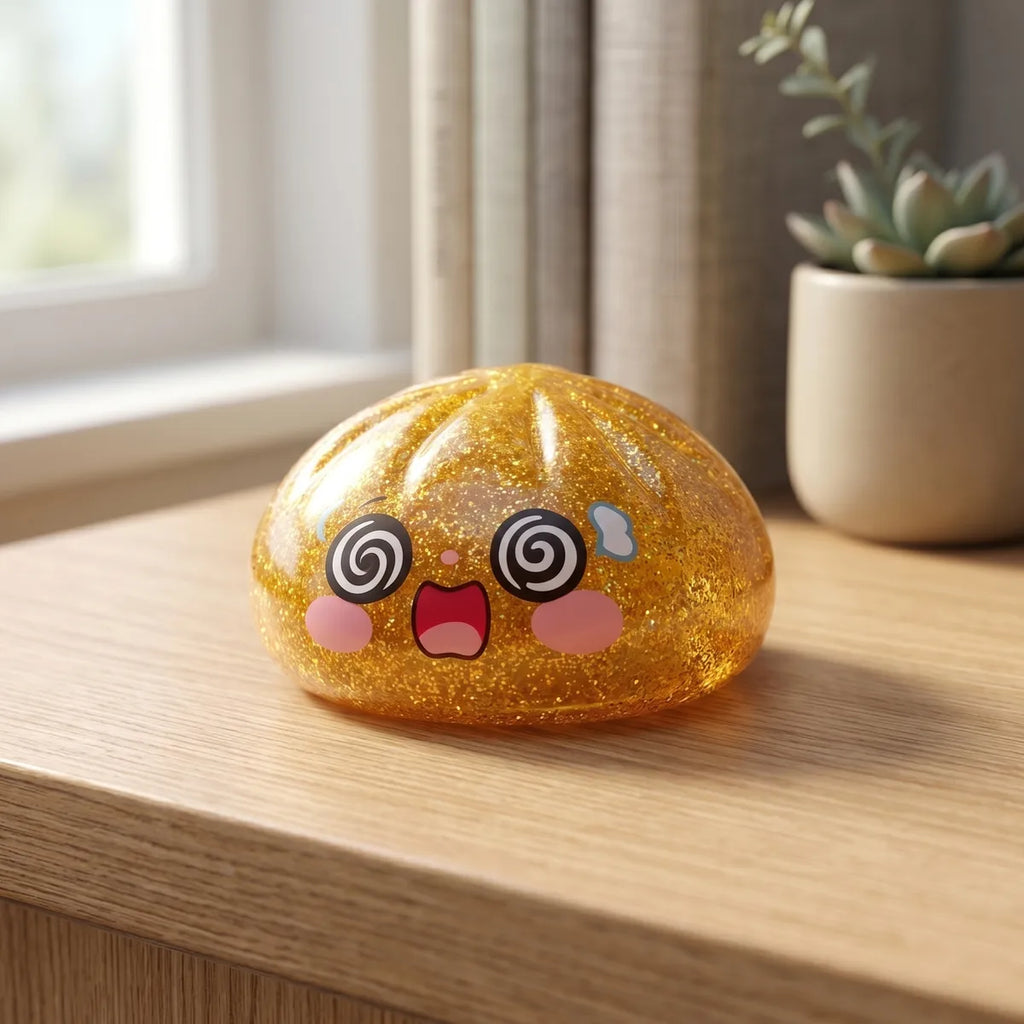 Golden dumpling squishy displayed with bamboo steamer