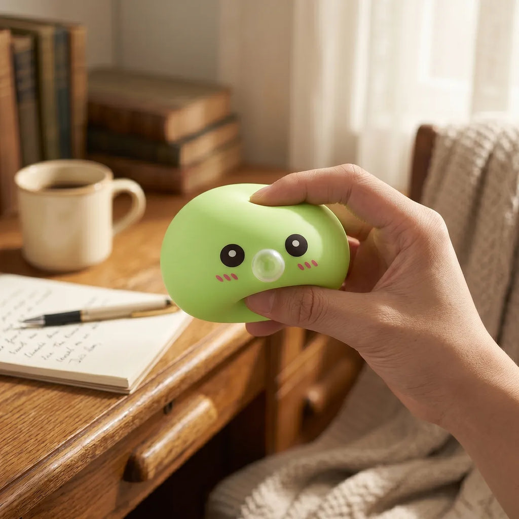 Green blow dumpling squishy styled as cute desk decor