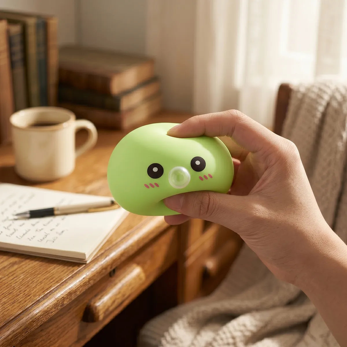Green blow dumpling squishy styled as cute desk decor