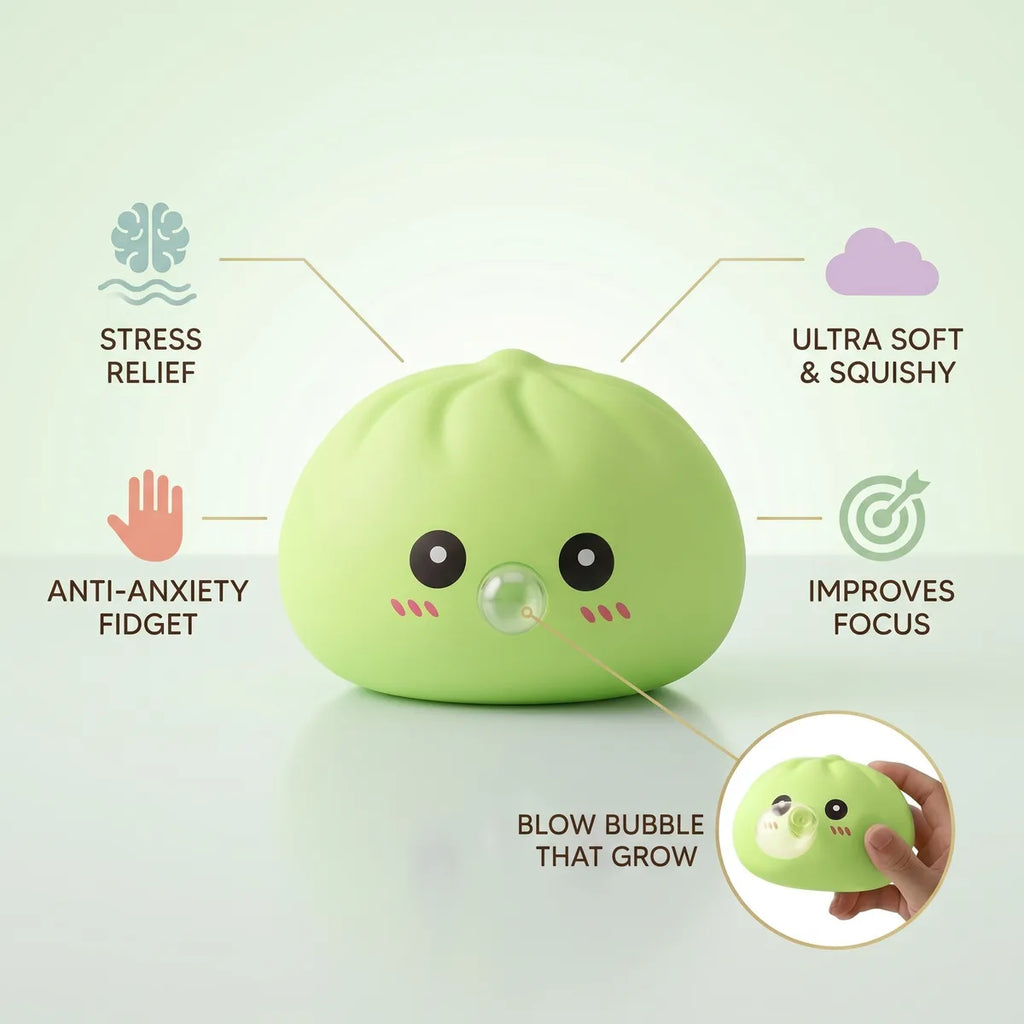 Green blow dumpling squishy size guide infographic with dimensions