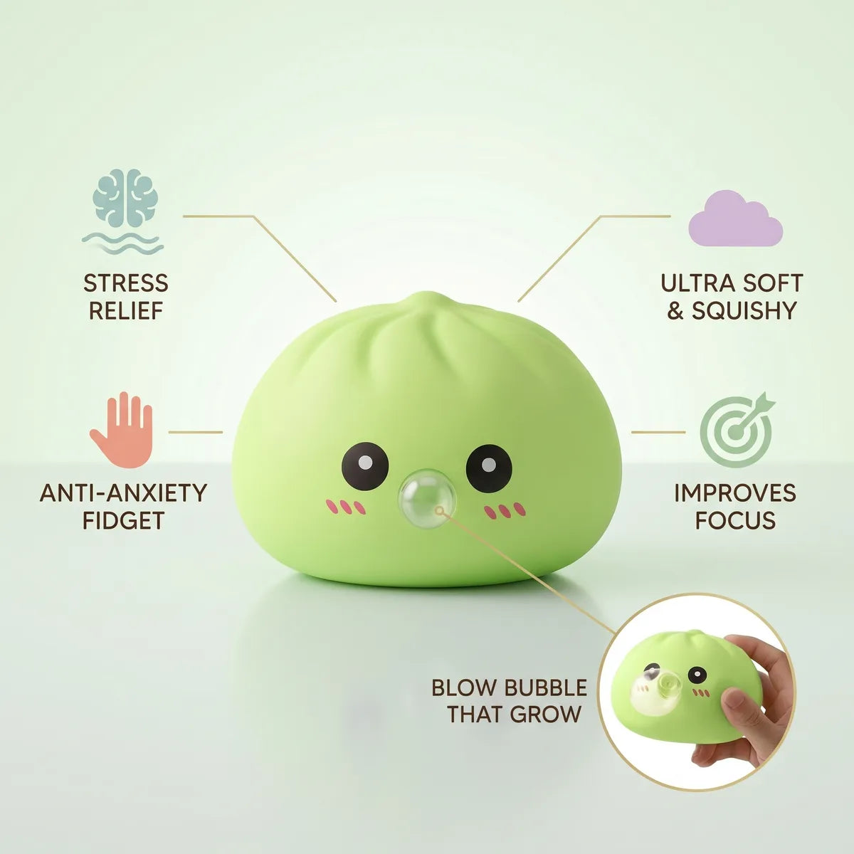 Green blow dumpling squishy size guide infographic with dimensions