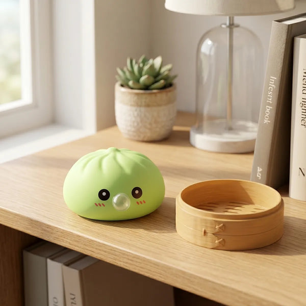 Green blow dumpling squishy displayed with bamboo steamer