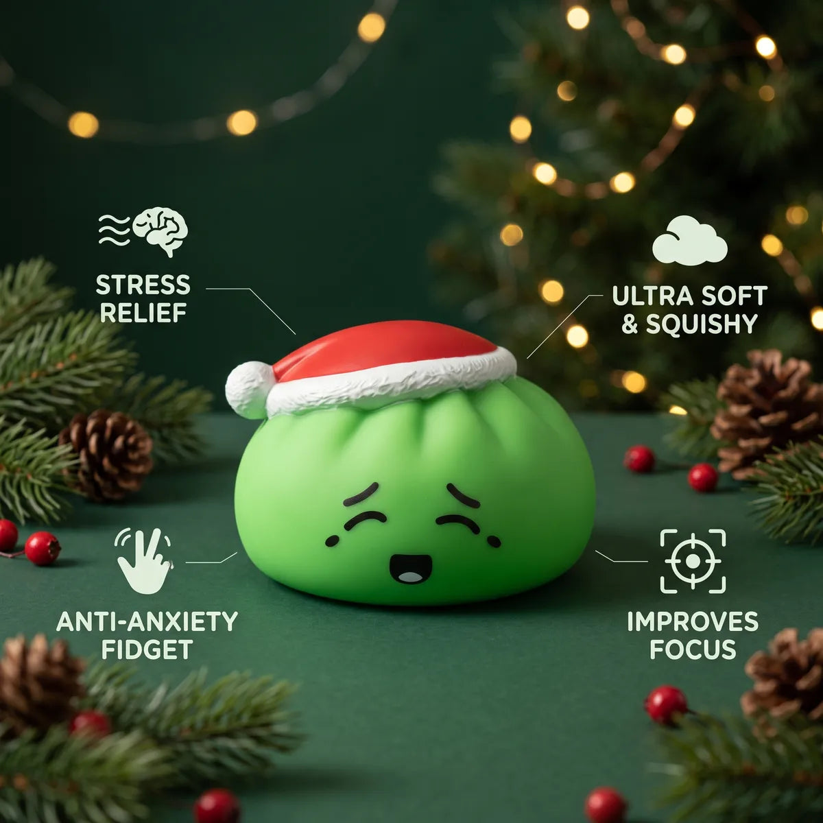 Elf Green Christmas Hat Dumpling Squishy infographic: stress relief, ultra soft and squishy, anti-anxiety fidget, improves focus