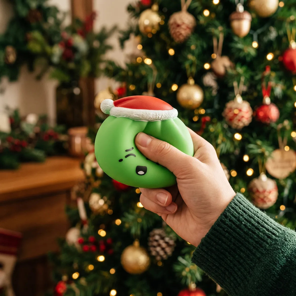 Person squeezing the Elf Green Christmas Hat Dumpling Squishy as a fidget toy by a Christmas tree