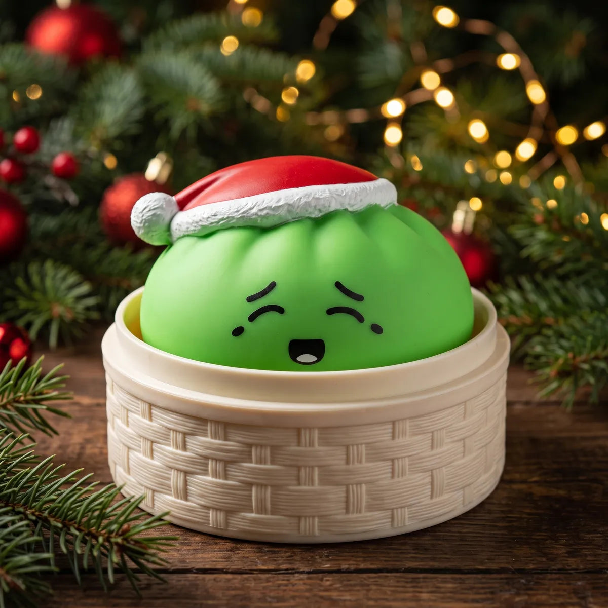 Elf Green Christmas Hat Dumpling Squishy sitting inside a round steamer basket