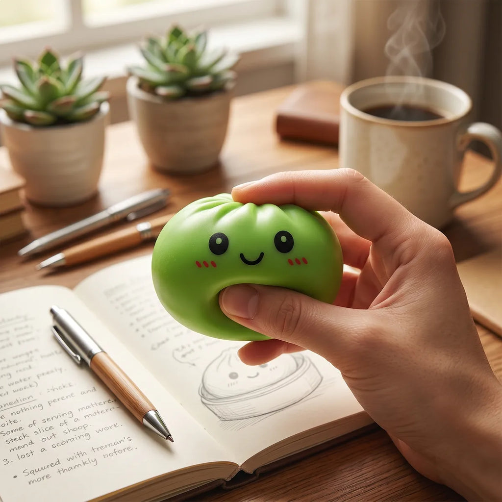 Green dumpling squishy styled as cute desk decor