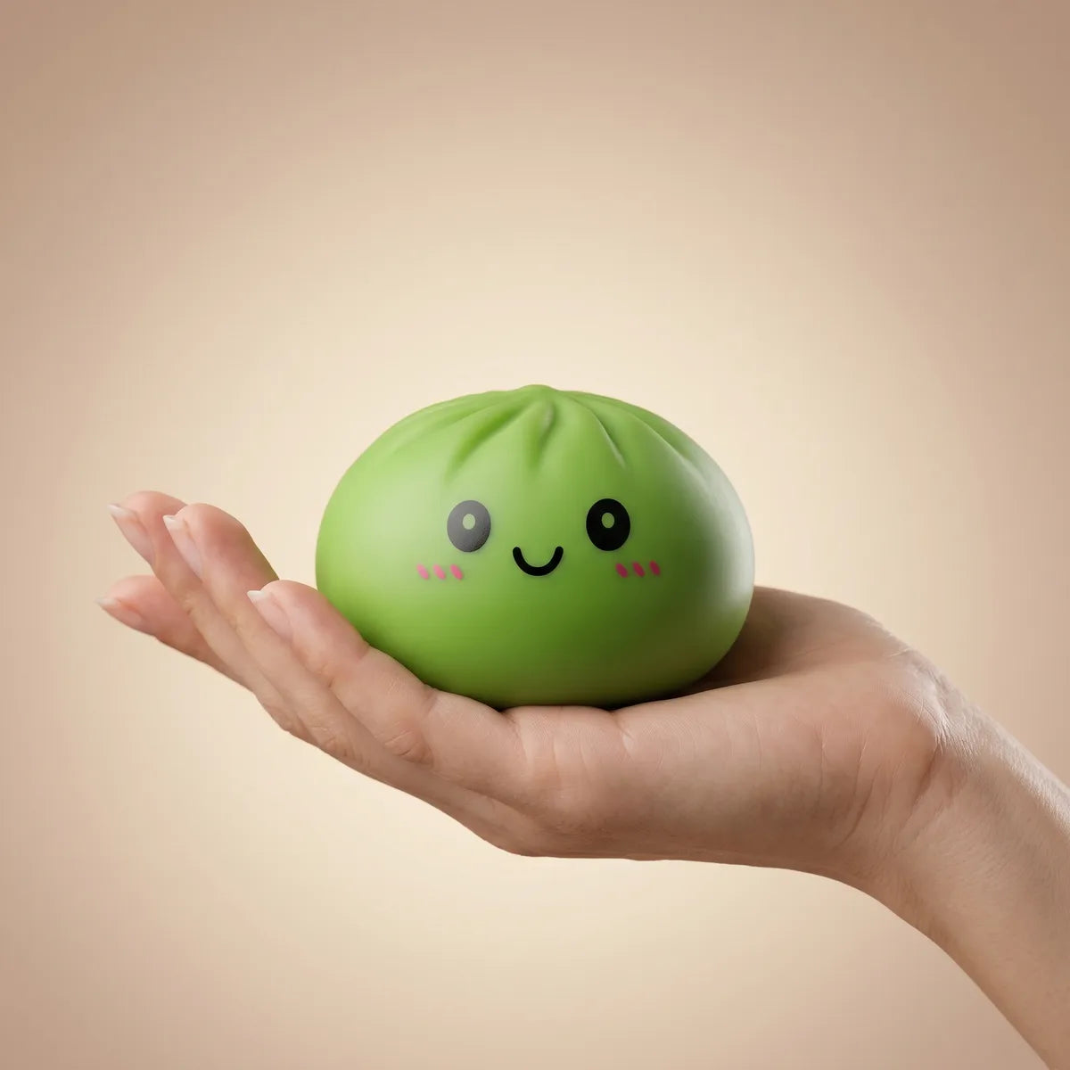 Green dumpling squishy held in hand lifestyle shot