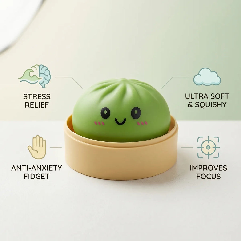 Green dumpling squishy size guide infographic with dimensions