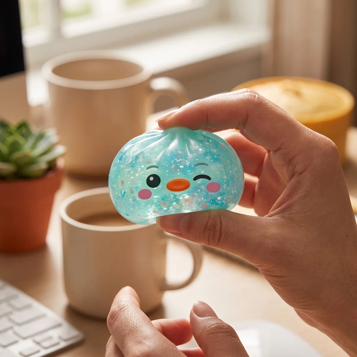 Person squeezing the green penguin dumpling squishy as a calming fidget toy