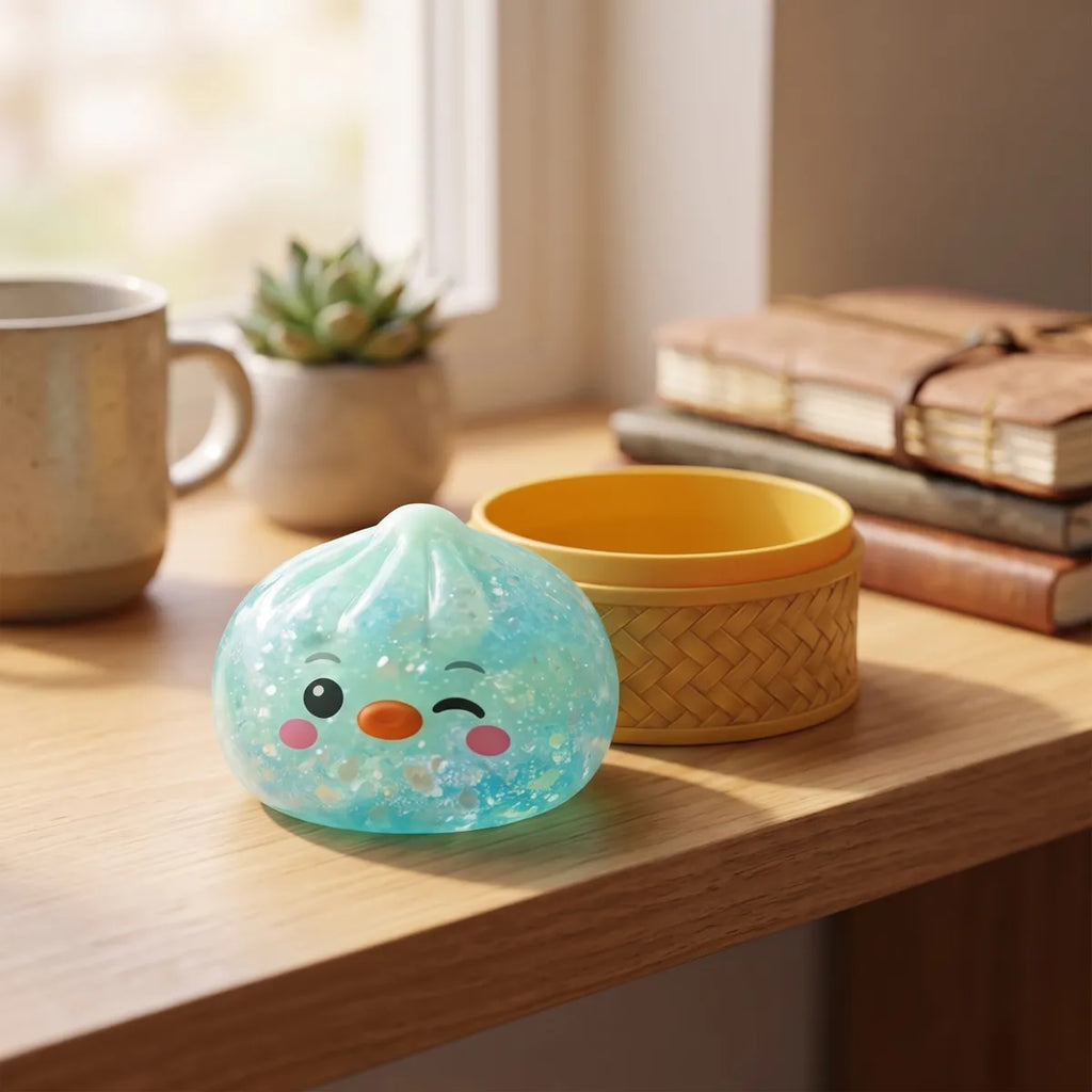 Green penguin dumpling squishy photographed on a soft mint background