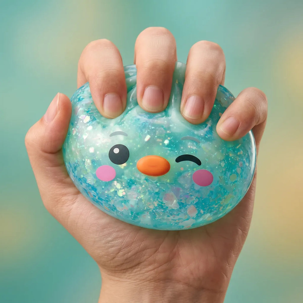 Hand squeezing the green penguin dumpling squishy to show its slow rise