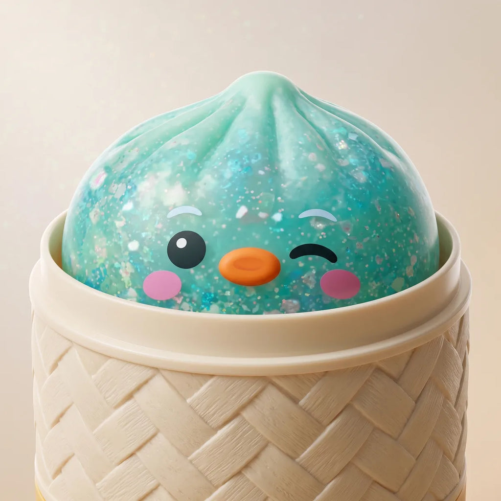 Green penguin dumpling squishy resting in its bamboo steamer box
