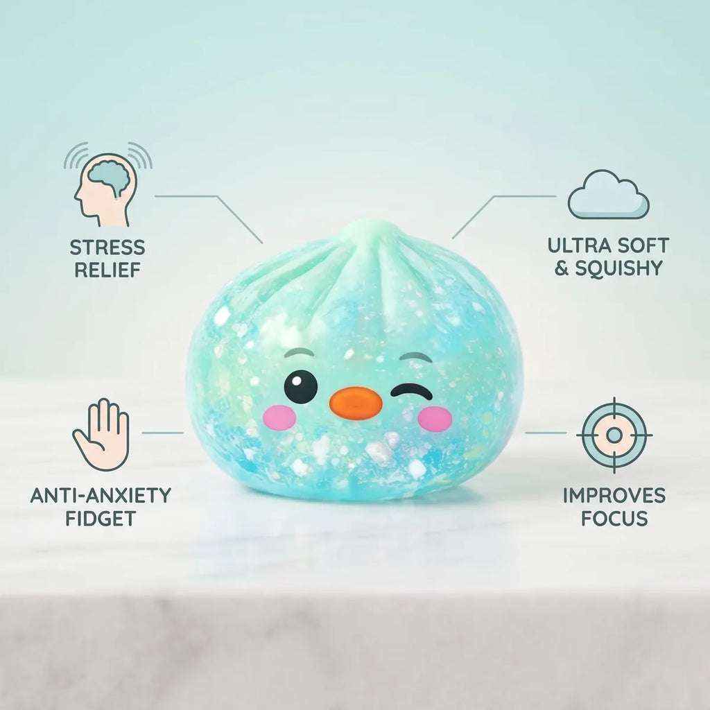 Infographic listing the stress relief benefits of the green penguin dumpling squishy