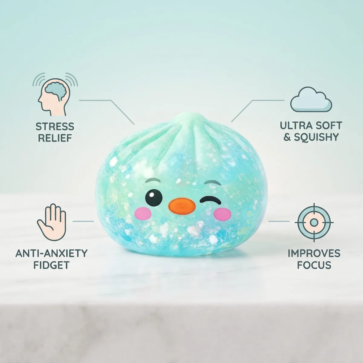 Infographic listing the stress relief benefits of the green penguin dumpling squishy