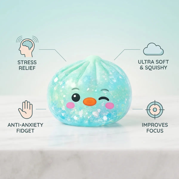 Infographic listing the stress relief benefits of the green penguin dumpling squishy