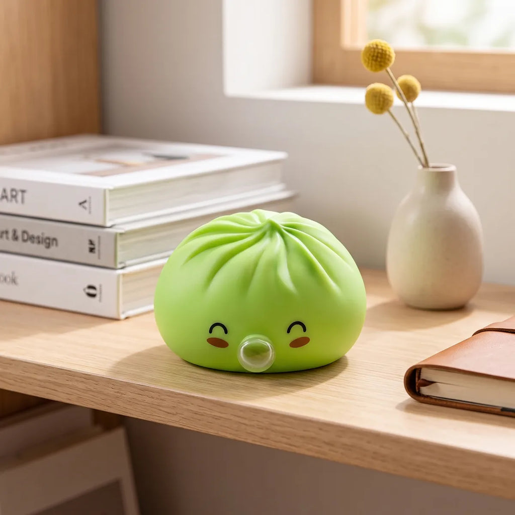 Green rare blow dumpling squishy styled on a cozy desk