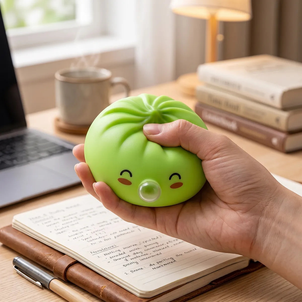 Person using a green rare blow dumpling squishy for stress relief