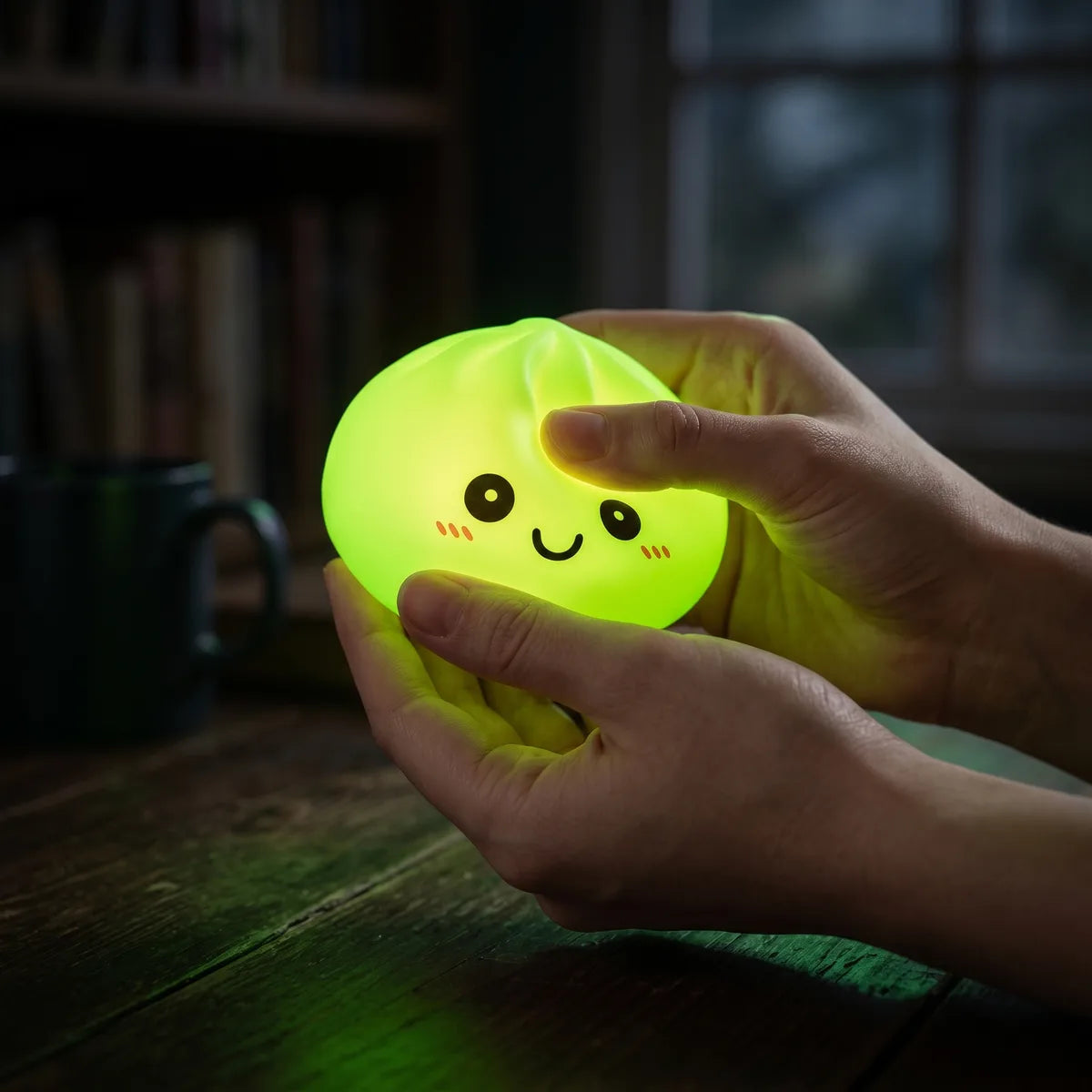 Green squishy dumpling light glowing softly in a dark room