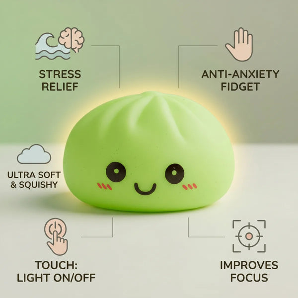 Green squishy dumpling light size guide infographic with dimensions