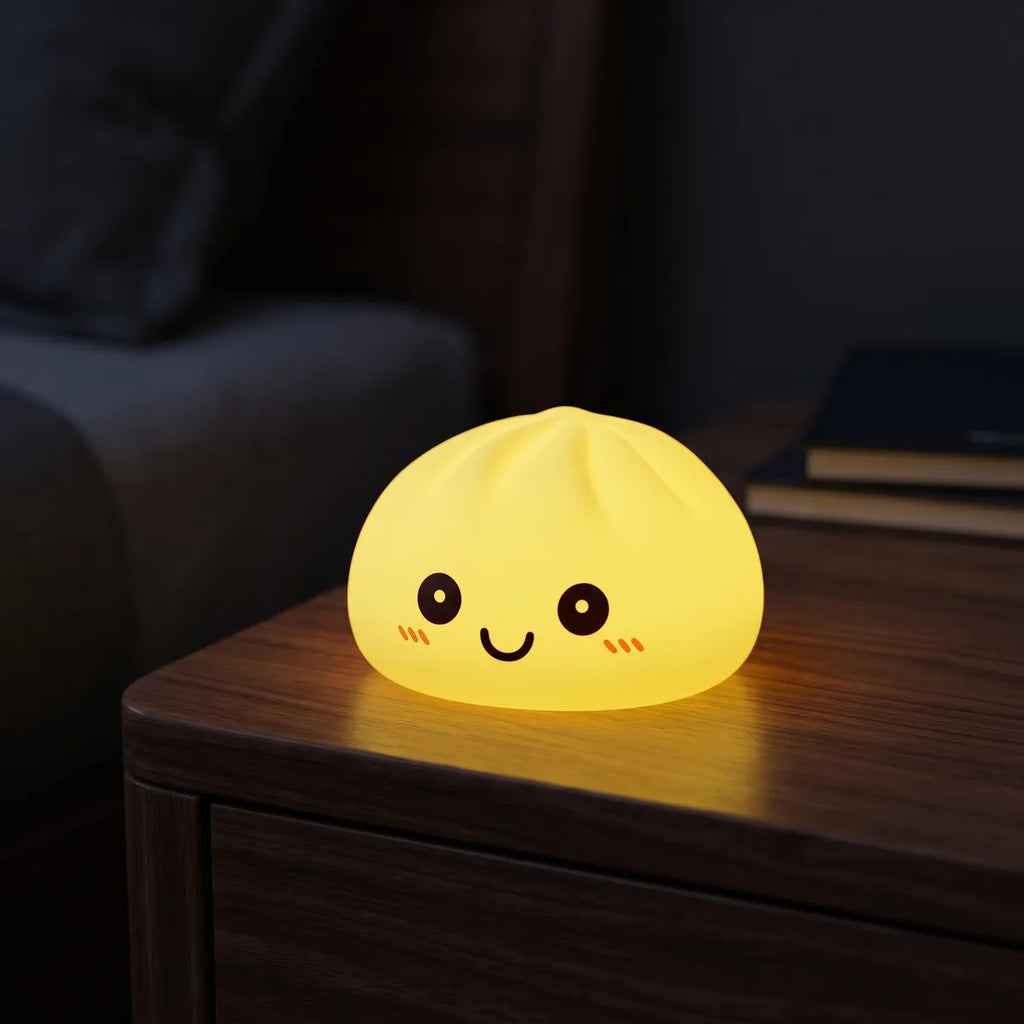 Green squishy dumpling light displayed with bamboo steamer