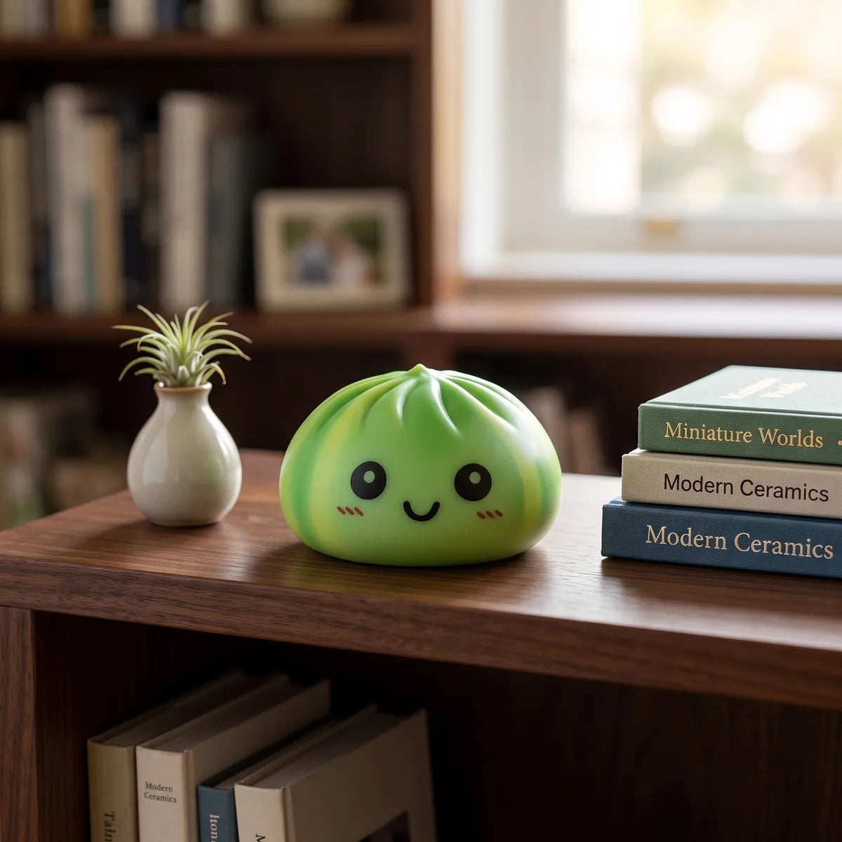 Green tie dye dumpling squishy styled on a desk in a bright lifestyle scene