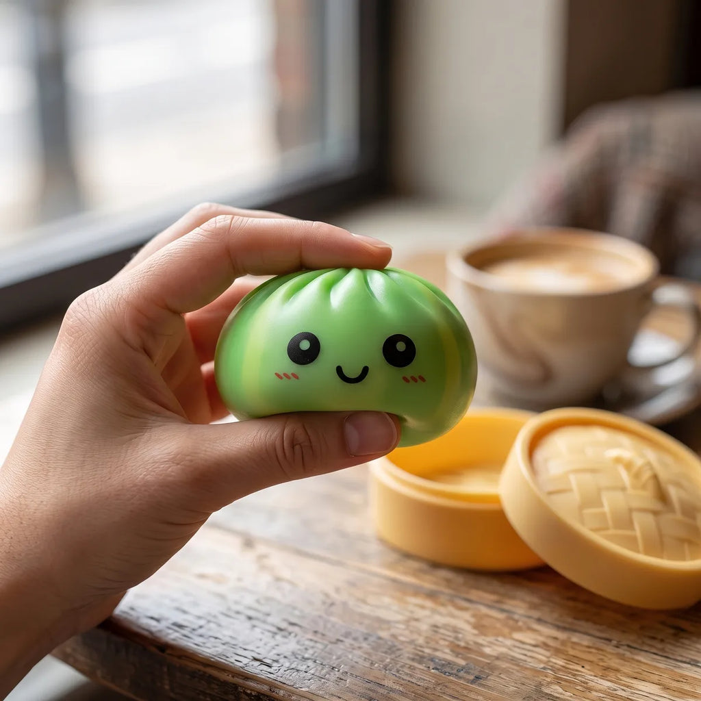 Person using the green tie dye dumpling squishy as a hand fidget toy