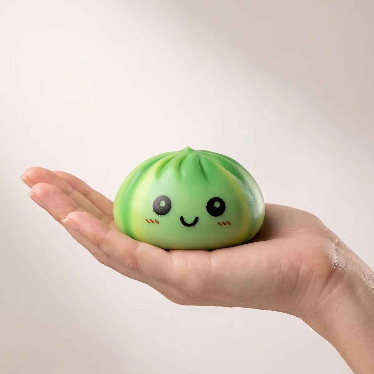 Hand holding the 8.5 cm green tie dye dumpling squishy to show its real size