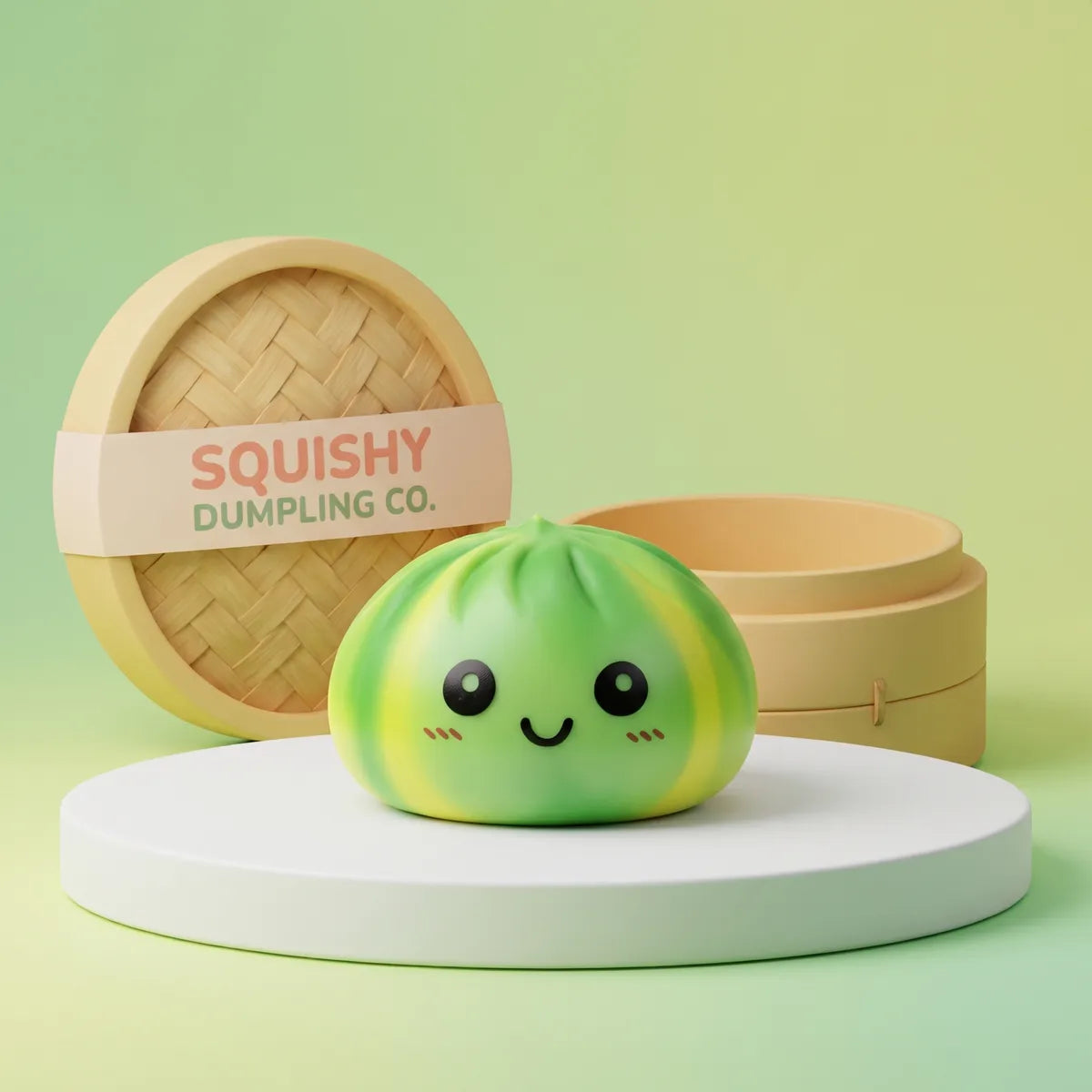 Green tie dye dumpling squishy with a lime and yellow swirl on a white podium beside a mini bamboo steamer Main image