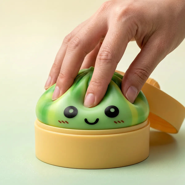 Fingers squeezing the green tie dye dumpling squishy flat to show its slow rising rebound