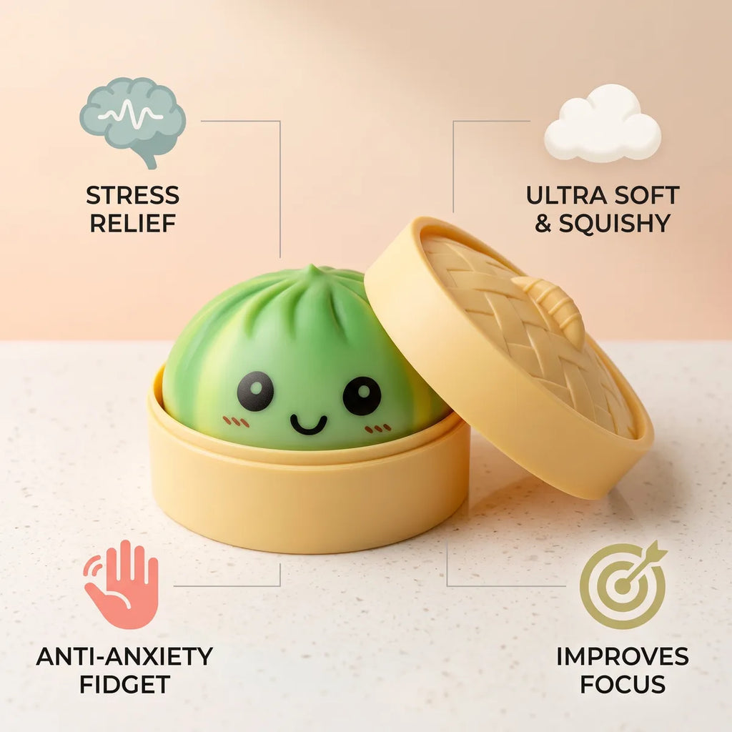 Green tie dye dumpling squishy with icons for stress relief focus and anti anxiety fidget benefits