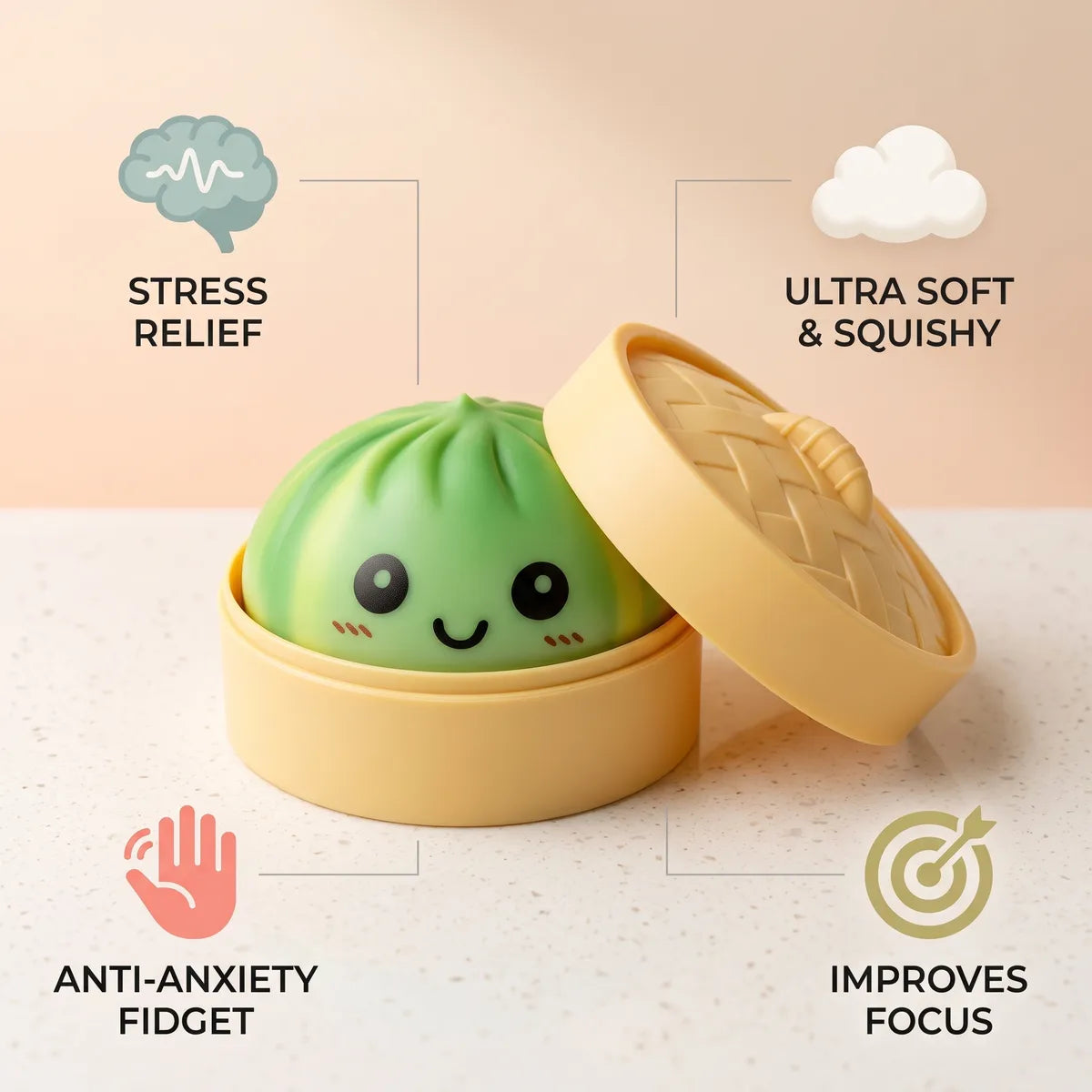Green tie dye dumpling squishy with icons for stress relief focus and anti anxiety fidget benefits