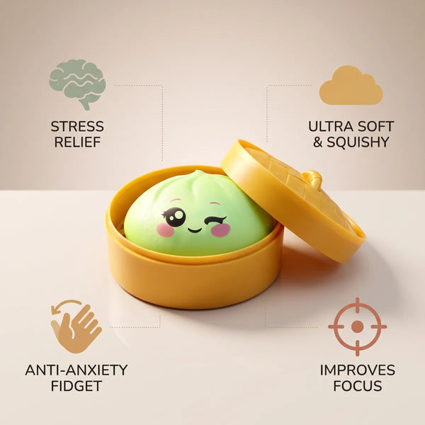 Pistachio Green Wink Dumpling Squishy infographic: stress relief, ultra soft and squishy, anti-anxiety fidget, improves focus